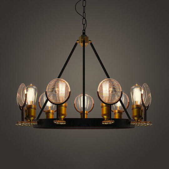 Vintage Black Grid Glass Lens Chandelier Lamp - 6/9/12 Lights Hanging Light Kit For Restaurants