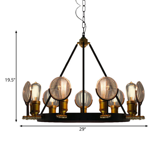 Vintage Black Grid Glass Lens Chandelier Lamp - 6/9/12 Lights Hanging Light Kit For Restaurants