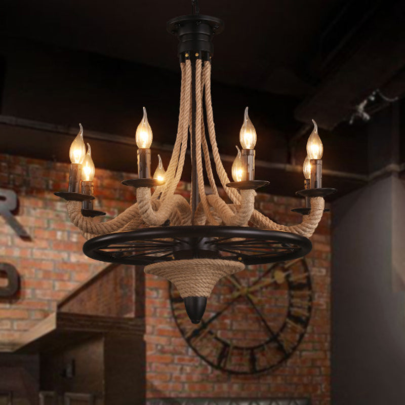 Farmhouse 8-Bulb Rope Candle Chandelier Pendant Light In Black With Wheel Design - Perfect For