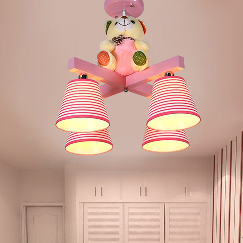 Kids’ 4-Bulb Pink Barrel Semi-Mount Fabric Ceiling Lamp With Bear Decor