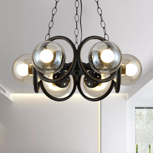 Industrial Black Chandelier Light With Clear Glass Globes And Round Cage - 6/8 Bulbs Pendant Fixture