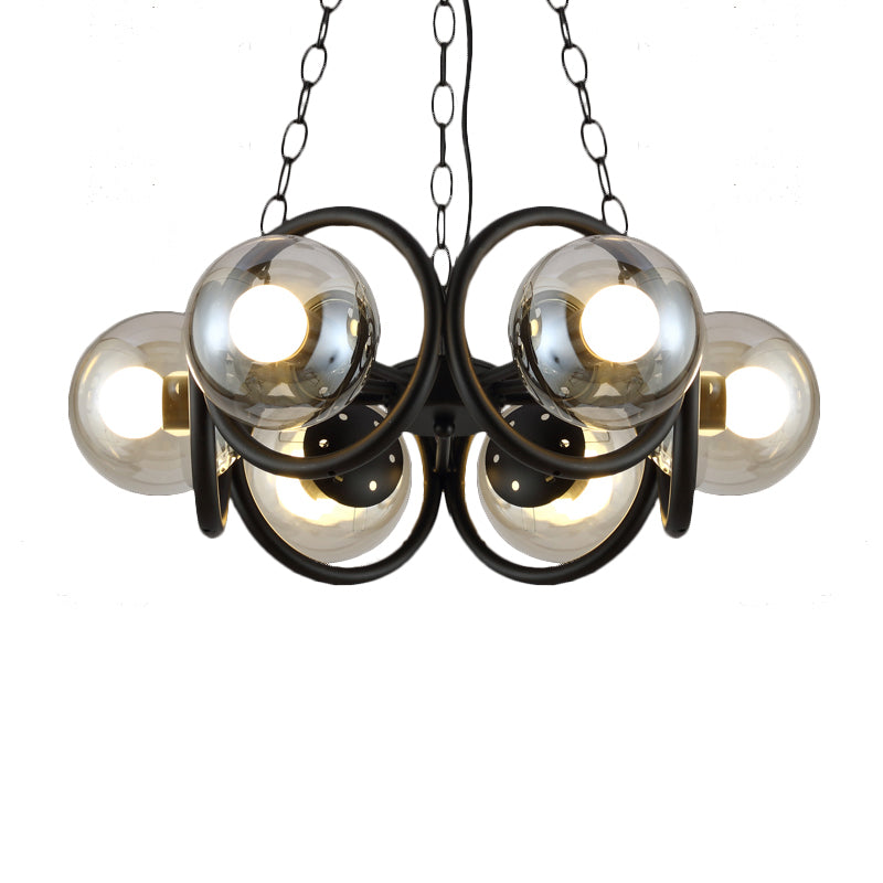 Industrial Black Chandelier Light With Clear Glass Globes And Round Cage - 6/8 Bulbs Pendant Fixture