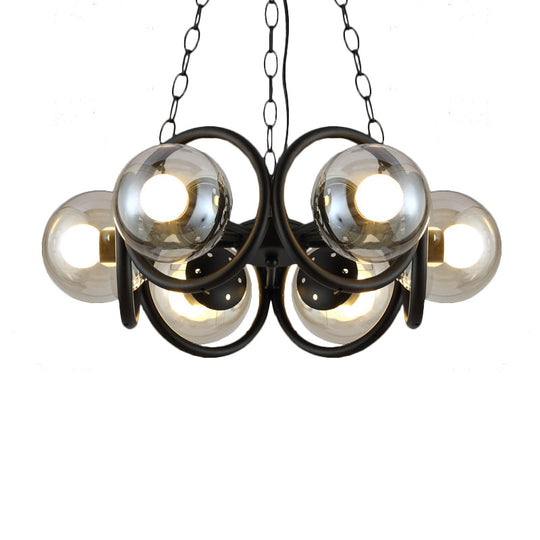 Industrial Black Chandelier Light With Clear Glass Globes And Round Cage - 6/8 Bulbs Pendant Fixture