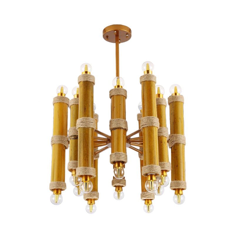 Antique Bamboo Tube Rope Chandelier - 24-Light Yellow Pendant Lamp For Living Room