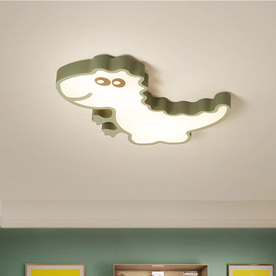 Dinosaur Flush Mount Light For Kids - Iron White/Pink/Green Led Ceiling Fixture Childrens Bedroom