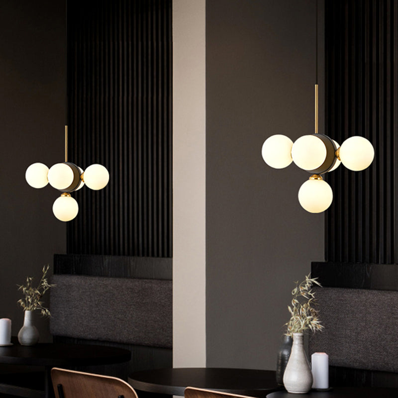 Mid Century White/Amber Glass Chandelier Pendant - Orbs Restaurant Ceiling Lamp 5 Lights Burst