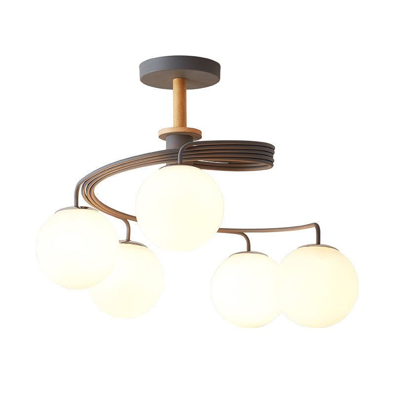 Nordic Iron Swirl Flush Chandelier With 5 Bulbs Grey/Green Semi Ceiling Light Featuring Orb Glass