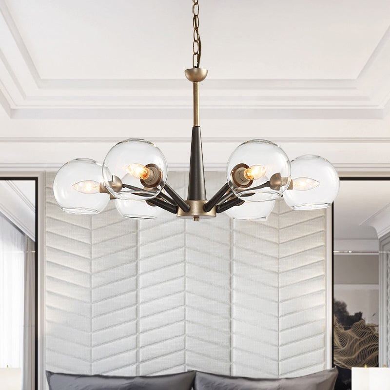 Retro Dome Shade Hanging Chandelier - White/Blue/Clear Glass 6 Light Lounge Pendant With Burst