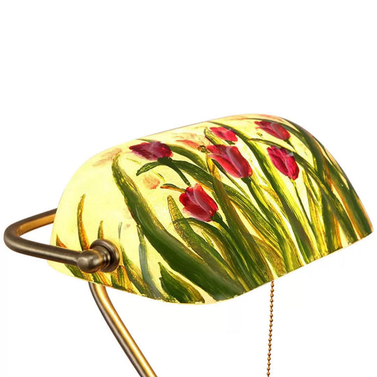 Traditional Rollover Shade Banker Lamp - 1 Light Green/Red/White Glass Desk With Pull Chain For