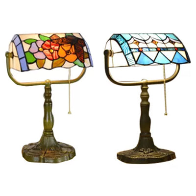 Stylish Blue/Orange Tiffany Table Lamp With Pull Chain & Rollover Shade