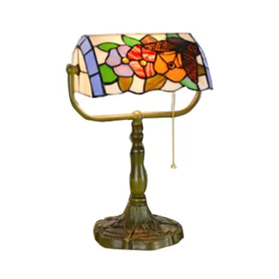 Stylish Blue/Orange Tiffany Table Lamp With Pull Chain & Rollover Shade