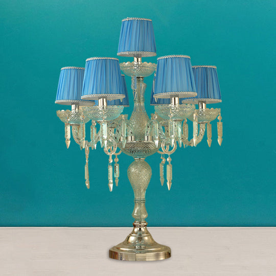 Traditional Crystal Blue Nightstand Lamp With Fabric Shade - Sleep In Style 5/6/7 Bulb Candlestick