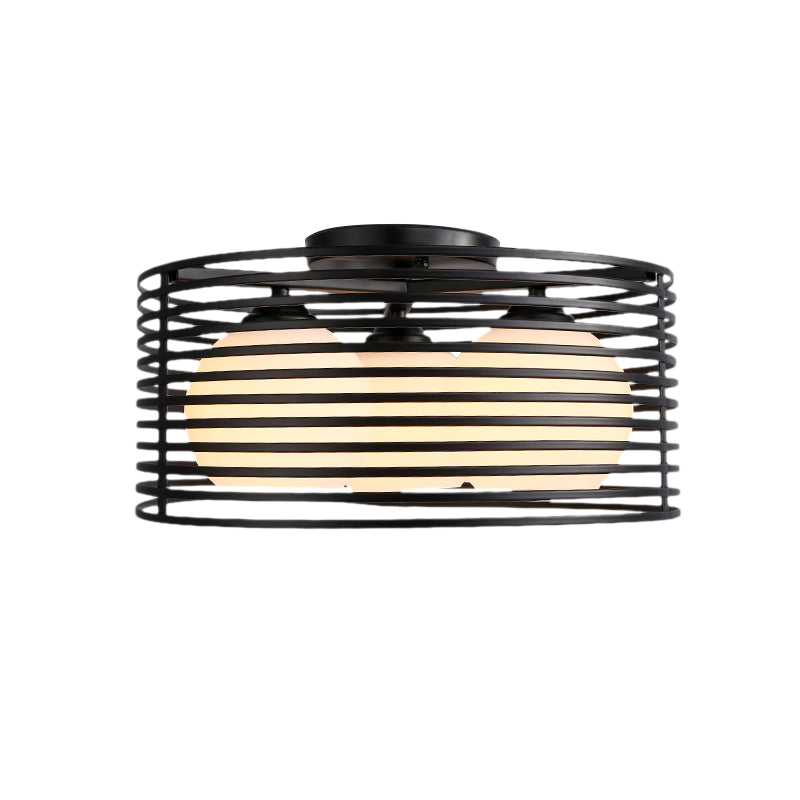 Nordic Metal 3 - Light Semi Flush Mount Lamp With Round Iron Cage For Bedroom Ceiling - Black/White