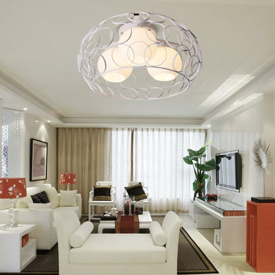 Nordic Drum Iron Cage Ceiling Light With Ball Glass Shade In White/Black Perfect For Dining Rooms