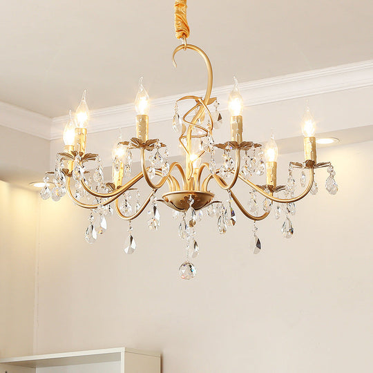 Modern Gold Finish 5/8-Light Metallic Chandelier Lamp With Crystal Deco And Curved Arm