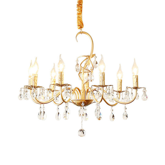 Modern Gold Finish 5/8-Light Metallic Chandelier Lamp With Crystal Deco And Curved Arm