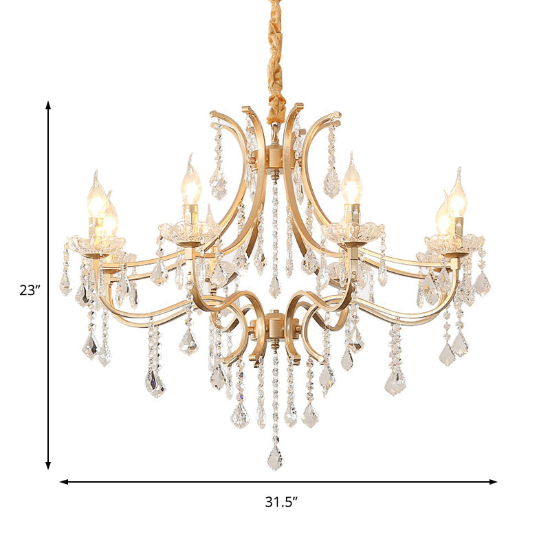 Modern Metal Flameless Candle Pendant Chandelier With Crystal Beads In Gold - 6/8 Heads Hanging Lamp