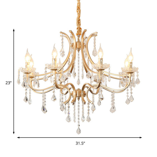 Modern Metal Flameless Candle Pendant Chandelier With Crystal Beads In Gold - 6/8 Heads Hanging Lamp