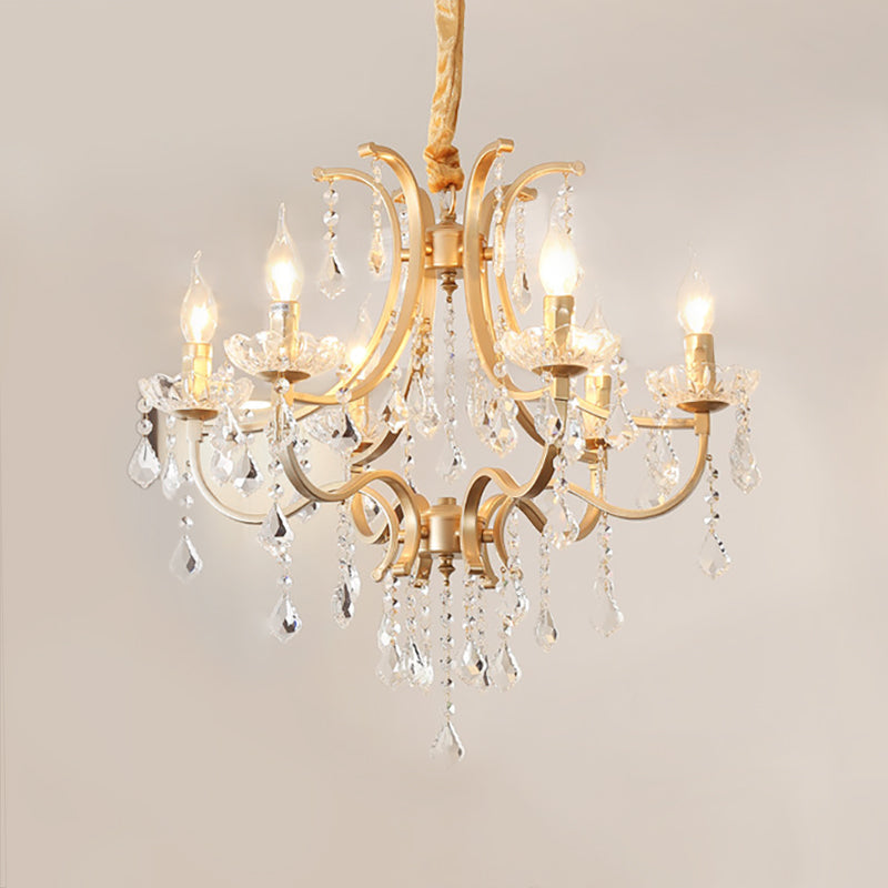 Modern Metal Flameless Candle Pendant Chandelier With Crystal Bead - Gold 6/8 Heads