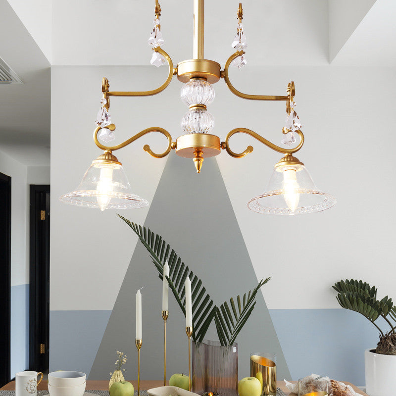 Clear Crystal Chandelier Light Fixture - Modern Bell Shade Hanging Lamp In Gold 2 Bulbs For Dining