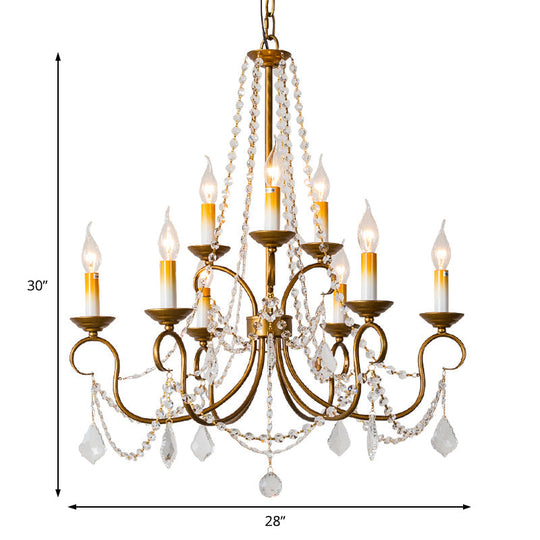 Vintage Brass Chandelier Pendant Light - Crystal Beaded Strand 6/9 Lights Bare Bulb Hanging