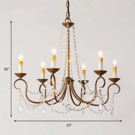 Vintage Brass Chandelier Pendant Light - Crystal Beaded Strand 6/9 Lights Bare Bulb Hanging