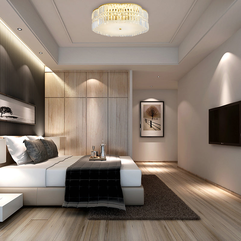 Golden Flower Flush Led Pendant Light With Modern Clear Crystal Design And Acrylic Diffuser -