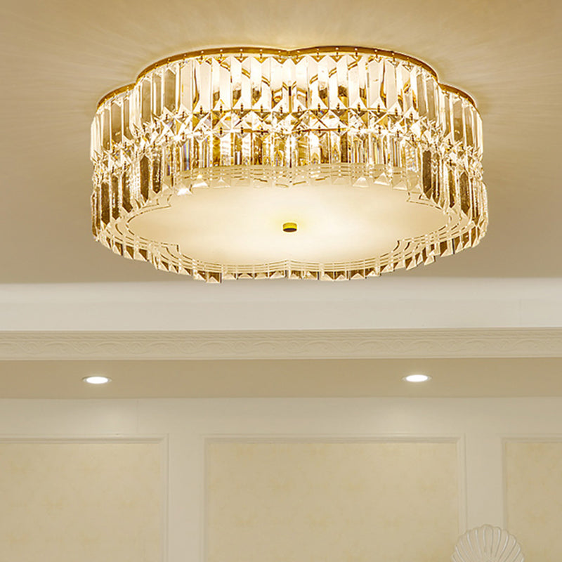 Golden Flower Flush Led Pendant Light With Modern Clear Crystal Design And Acrylic Diffuser -