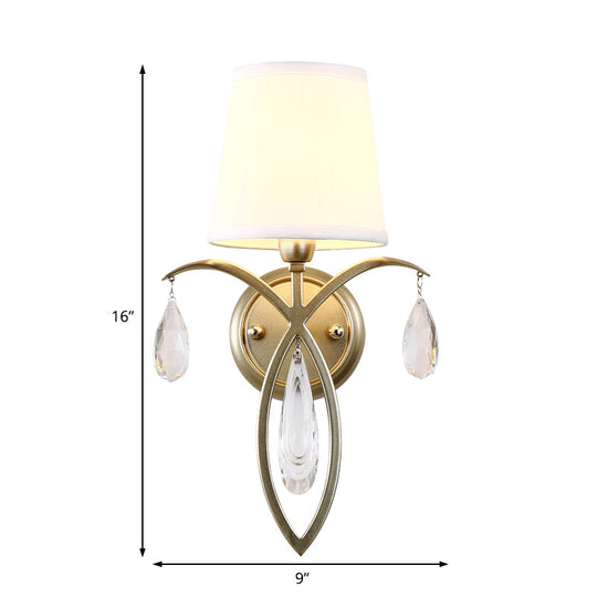 Modern 1-Light Conic Wall Lamp With Teardrop Crystal Deco In Brass - Stylish Fabric Sconce For