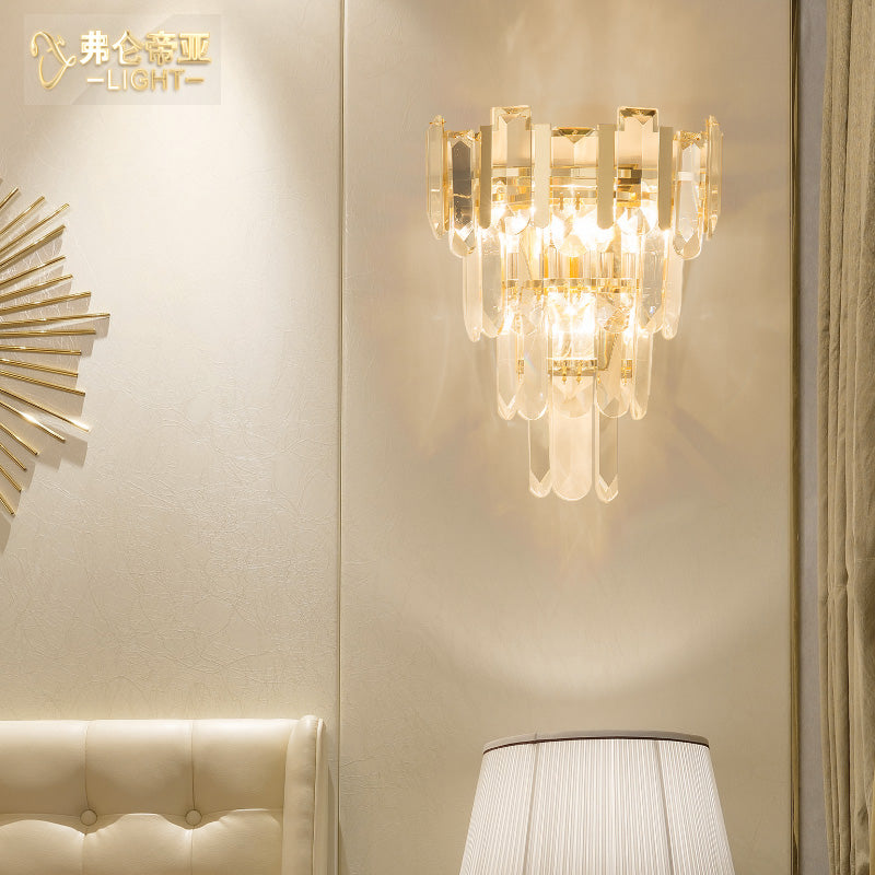 Contemporary Gold Wall Lamp With 3 Clear Crystal Layers - Bedroom Lighting