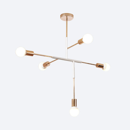 Rectilinear Metal Chandelier - Modern 5-Light White/Black Hanging Ceiling Light With Bare Bulb For