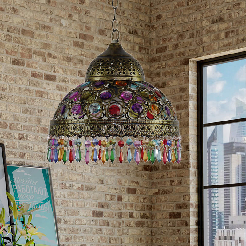 Boho Dome Pendant Light - Metal 1-Bulb Aged Brass/Rust Hanging Lamp With Crystal Bead For