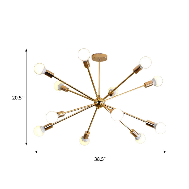 Modern Metal Starburst Chandelier Light - 6/10/12 Lights 26/38.5 Wide Gold Finish Bare Bulb Hanging