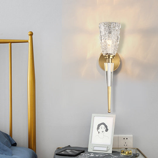 Contemporary Clear Crystal Wall Lamp With Gold Cylinder/Tapered Shade - 1 Light Sconce Fixture /