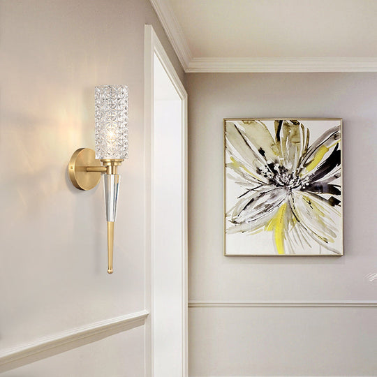 Contemporary Clear Crystal Wall Lamp With Gold Cylinder/Tapered Shade - 1 Light Sconce Fixture