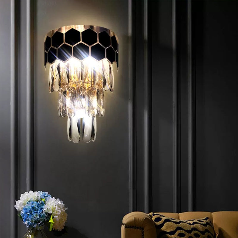 Tiered Wall Lamp With Crystal Block In Black - Modern Metal Lighting For Bedroom / A