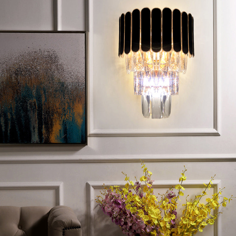 Tiered Wall Lamp With Crystal Block In Black - Modern Metal Lighting For Bedroom / D