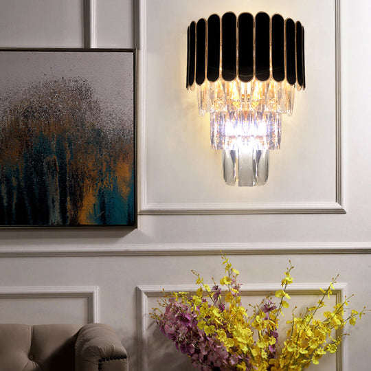 Tiered Wall Lamp With Crystal Block In Black - Modern Metal Lighting For Bedroom / D