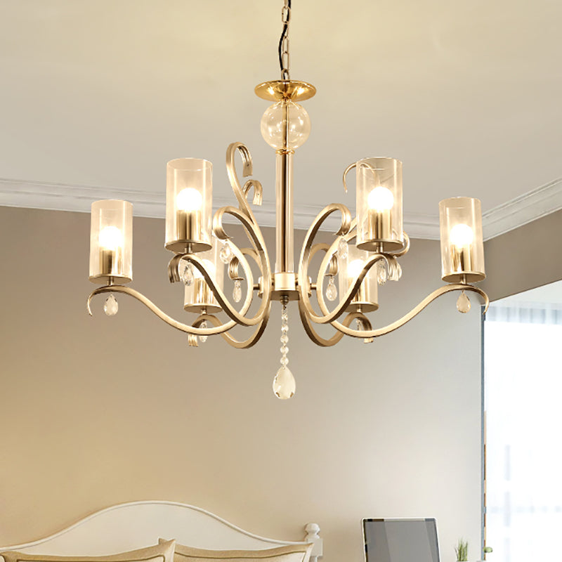 Vintage-Style Cylindrical Chandelier Light With Clear Glass - 6/8 Lights & Crystal Drop Champagne