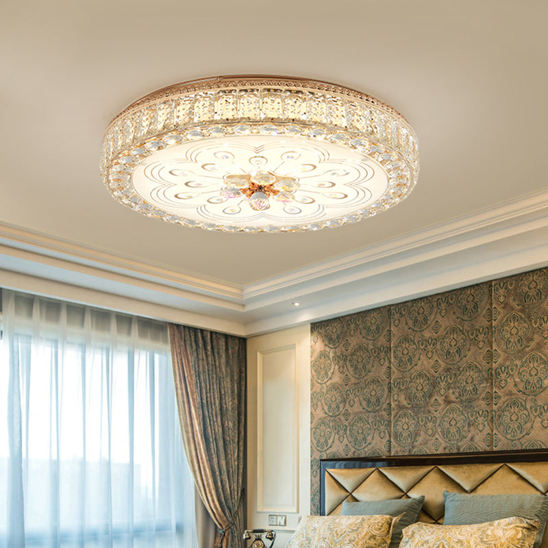 Gold Metal And Crystal Led Flushed Ceiling Light With Peacock/Floral Pattern - 16/19.5 Wide
