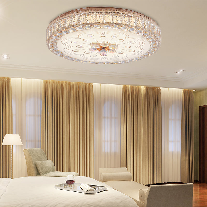 Gold Metal And Crystal Led Flushed Ceiling Light With Peacock/Floral Pattern - 16’/19.5’ Wide