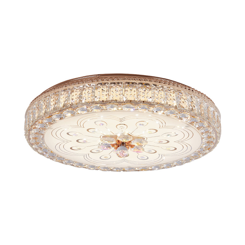 Gold Metal And Crystal Led Flushed Ceiling Light With Peacock/Floral Pattern - 16’/19.5’ Wide