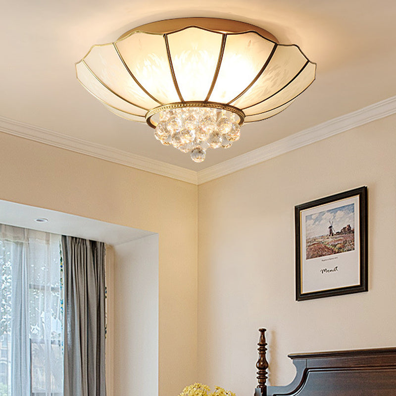10’/13’ W Scalloped Flush Lamp Vintage White Glass Ceiling Light With Crystal Ball Deco -