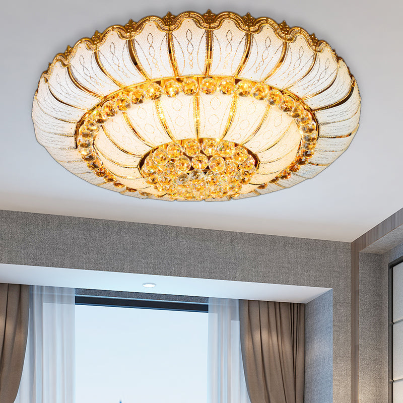 Modern Gold Flush Mount Ceiling Light With K9 Crystal Accents - 10/19-Lights Glass Shade
