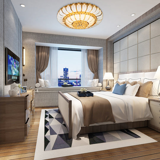 Modern Gold Flush Mount Ceiling Light With K9 Crystal Accents - 10/19-Lights Glass Shade