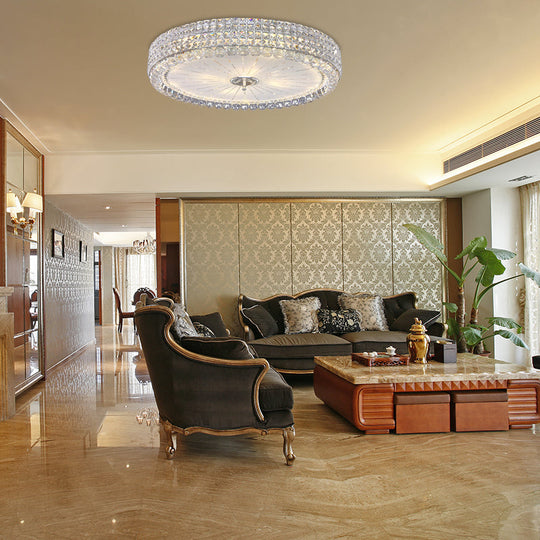 Contemporary Clear Crystal Multi-Head Flush Mount Ceiling Light In Chrome - 16’/19.5’ W Drum