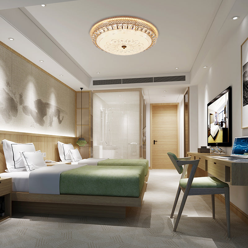 Modern Gold Flush Mount Ceiling Light With Opal Glass Led And Crystal Accent - 16’/19.5’ W