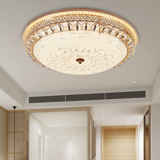 Modern Gold Flush Mount Ceiling Light With Opal Glass Led And Crystal Accent - 16’/19.5’ W