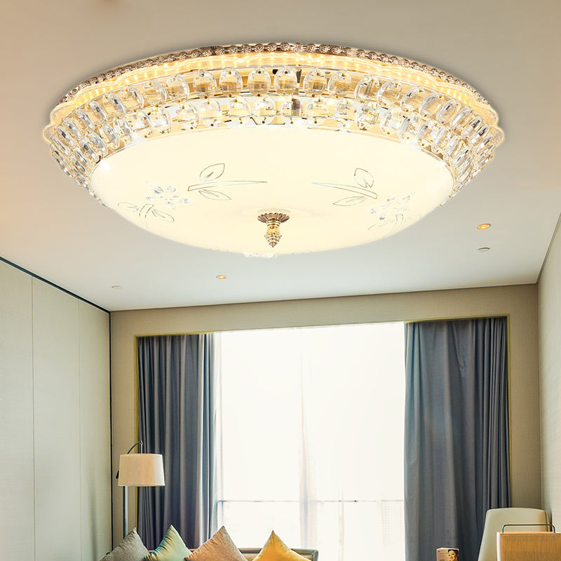 Modernist White Glass And Clear Crystal Led Flush Pendant Light For Bedroom - 12/16 Diameter / 23.5