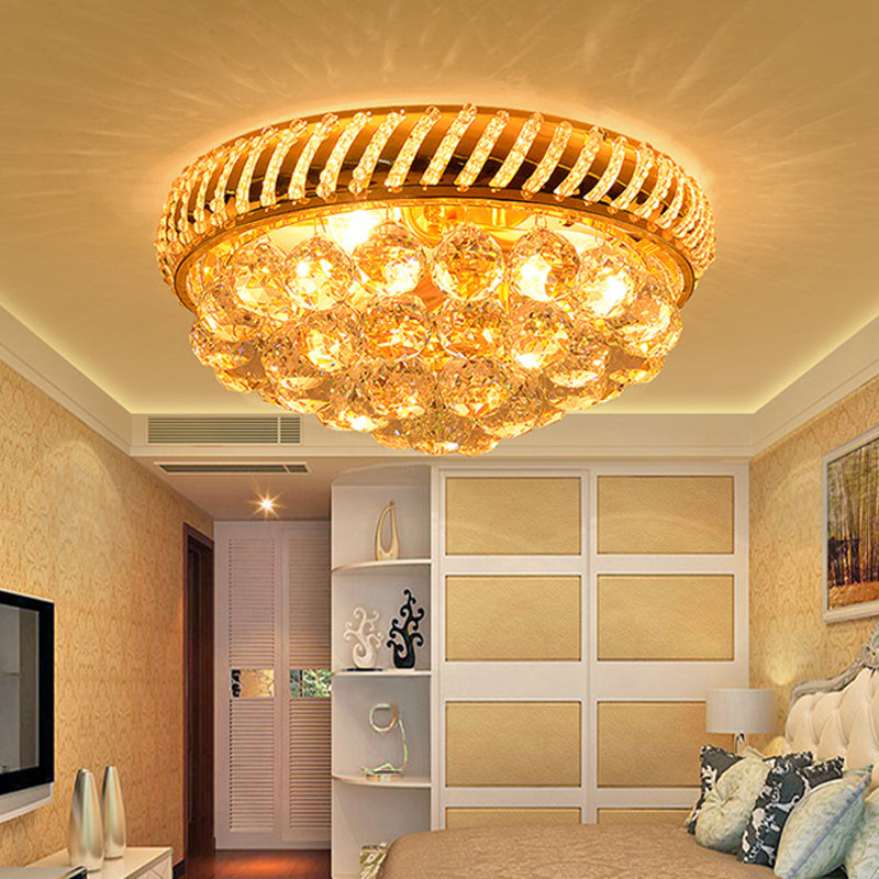 Modern Gold Flush Mount Chandelier With Crystal Ball & Round Shade - 14/18 W 3/4/5 Heads / 14